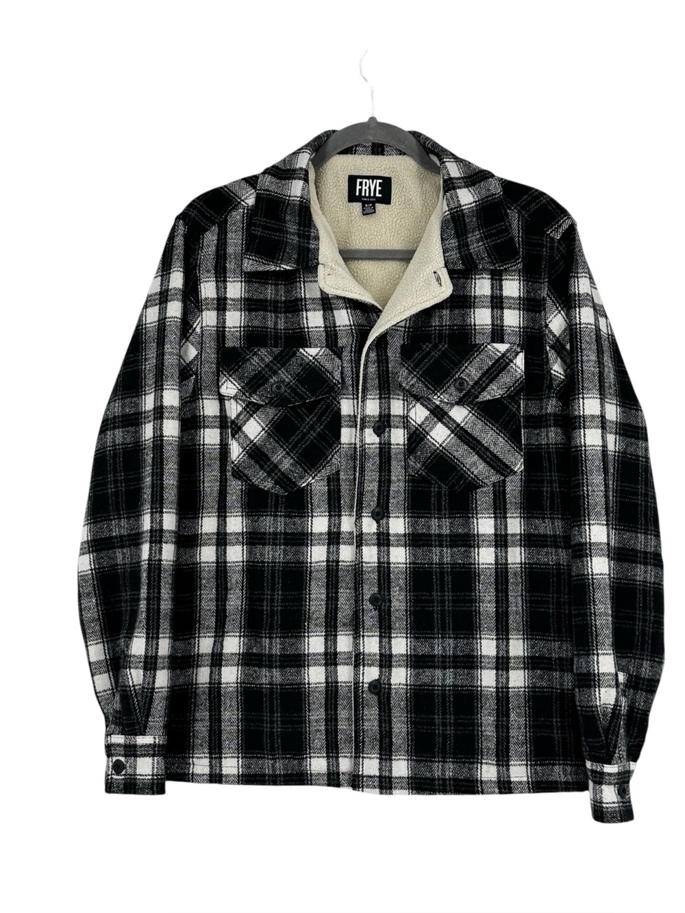 Frye Sherpa Lined Plaid Shirt Jacket Shacket Black/White Small Poly/Cotton